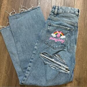 Playboy x PacSun Wide Leg Jeans, Heavily Distressed, DIY Cut Off, Size 26